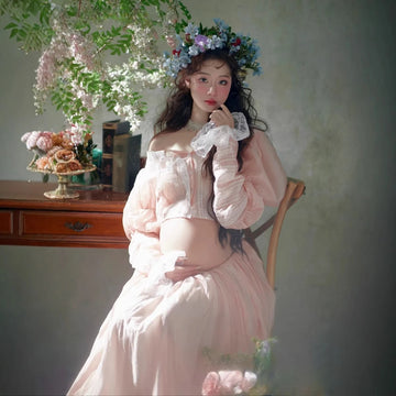 MQTIME  -   Women Elegant French Painting Style Maternity Dress for Photo Shoot Pregnancy Lace Top with Skirt 2pcs Dresses for Photography